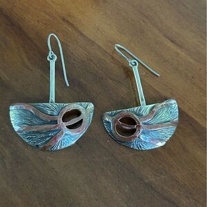 Artistic Silver and Copper Dangle Earrings Sunburst Motif Boho Edgy Rocker